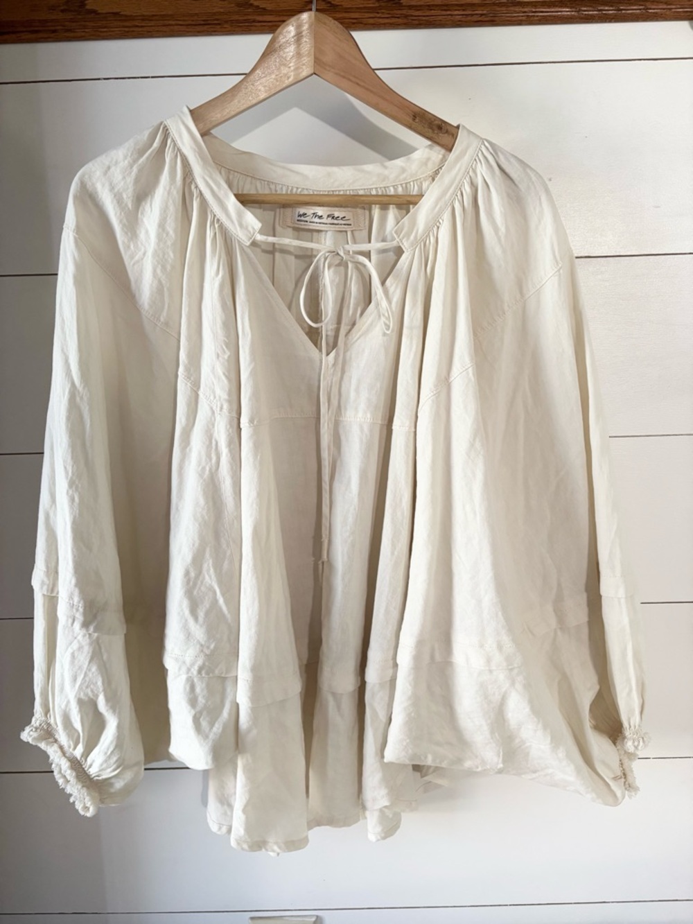 FP We The Free Boho Peasant Blouse Medium Ivory Tie Neck Flowy Long Sleeve